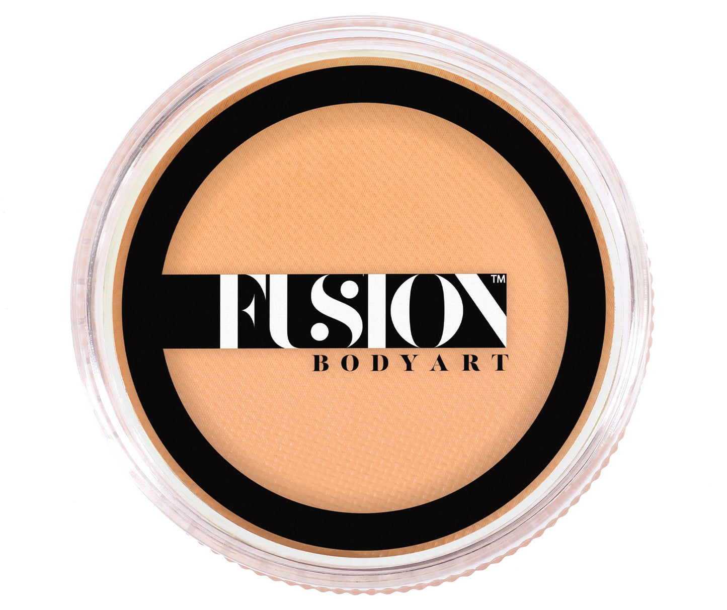 Round container of Infinity Faces Fusion face paint in pastel orange (32g), with a lid displaying the FUSION logo in bold black and white letters, encircled by a black band.