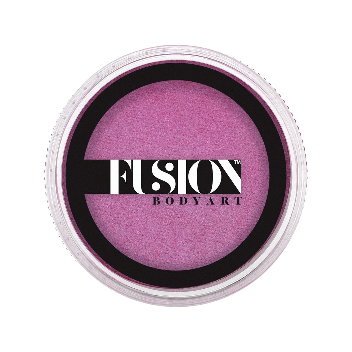 A round container of Infinity Faces Fusion face paint has a clear lid, revealing vibrant Pearl Magenta Dreams color. Infinity Faces is prominently displayed in black and white across the center.