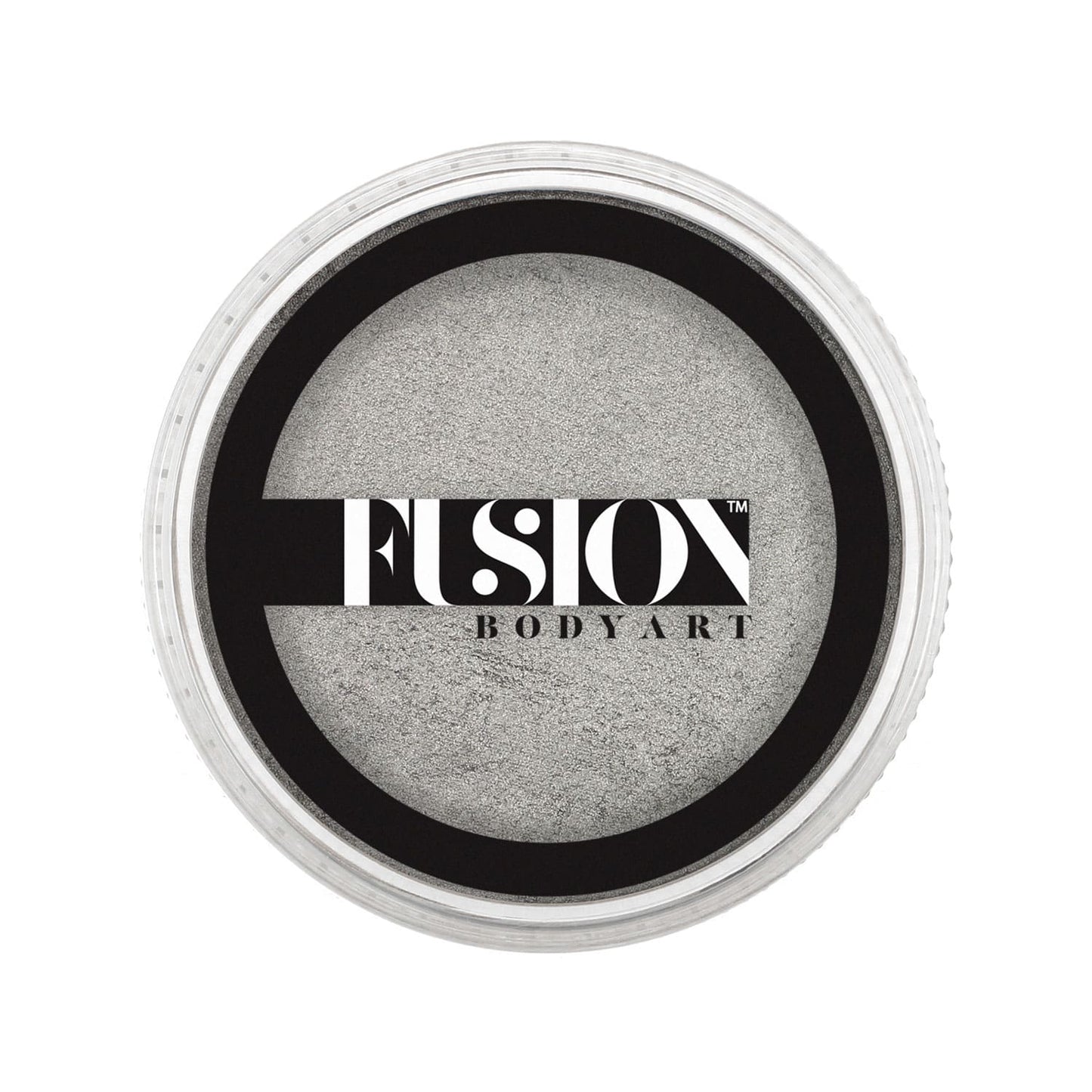A circular container of Infinity Faces Fusion Body Art face paint, Pearl Metallic Silver (32g), features a clear lid. The visible paint is shimmery silver, with Fusion Body Art displayed in bold black and white on the lid.