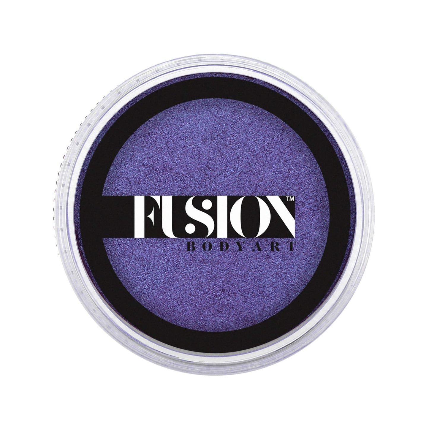 A round container of Infinity Faces’ Fusion aqua body paint in Pearl Purple Magic (25g) has a clear lid showing the shimmery purple color, with the logo printed in white and black.
