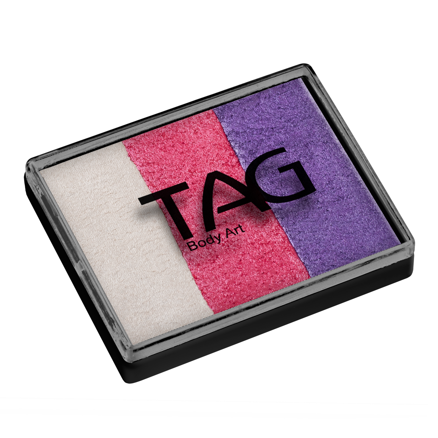 The Infinityfaces Face Paint & Body Paint Aqua - Pearl Dream Base Blender Split Cake by Tag (50g) features a rectangular container with three horizontal stripes—white, pink, and purple—with a clear lid and black base. Perfect for vibrant face painting!.