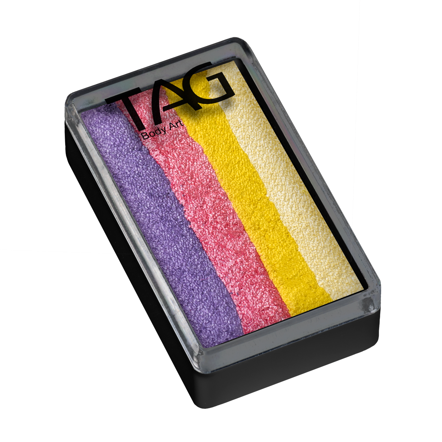 The Infinityfaces Face Paint & Body Paint Aqua - Petal One Stroke (30g) features a rectangular palette with four horizontal stripes of purple, pink, yellow, and white face paint beneath a clear lid.