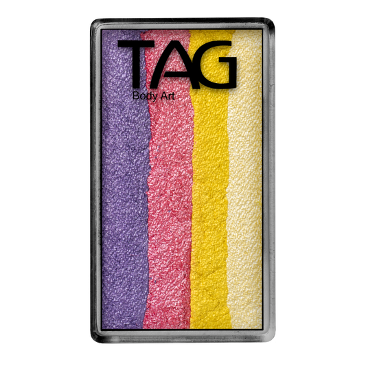 The Infinityfaces Face Paint & Body Paint Aqua - Petal One Stroke by Tag (30g) features five vertical stripes of body paint in purple, pink, yellow, white, and beige in a rectangular palette.