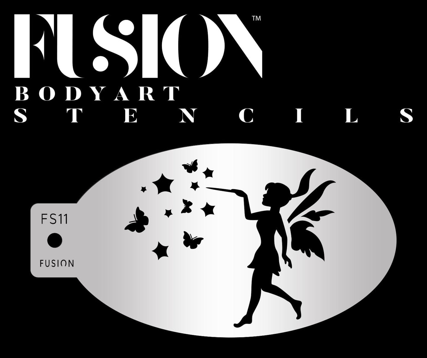 A Pixie Fairy Fusion Stencil Body Art from Infinity Faces, featuring a silhouette of a fairy blowing stars and butterflies, with brand text above on a black background.