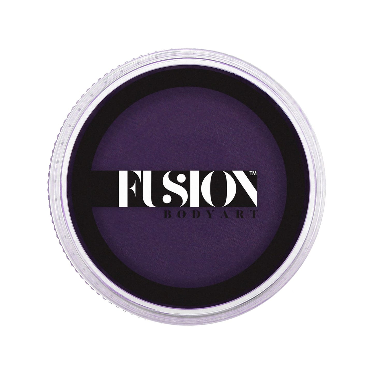 Round container of dark purple body paint with a clear lid features Infinity Faces in bold white letters, product name is Face Paint & Body Paint aqua Fusion - Prime Deep Purple (32g).