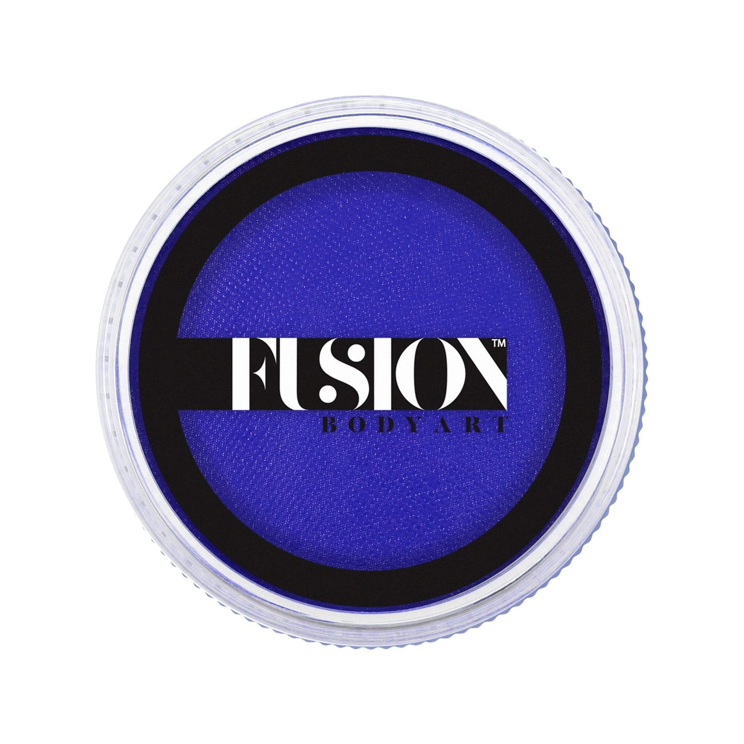 A 32g round container of Infinity Faces Prime Fresh Blue face paint displays its vibrant blue through a transparent lid, topped with the black and white Fusion Body Art logo.