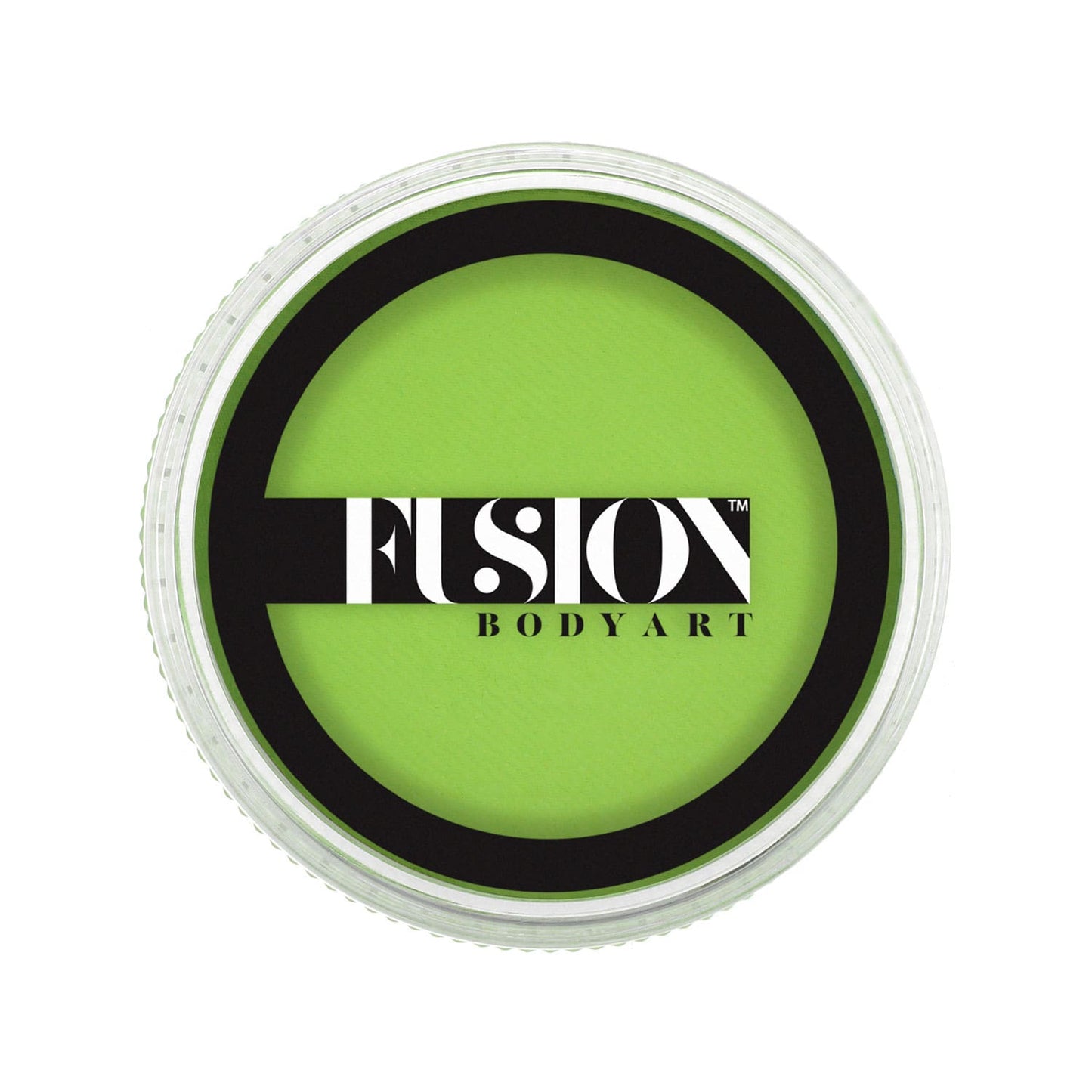 A round container of Infinity Faces Fusion Prime Lime Green face paint holds bright green paint. The black lid displays the white Fusion Body Art logo.