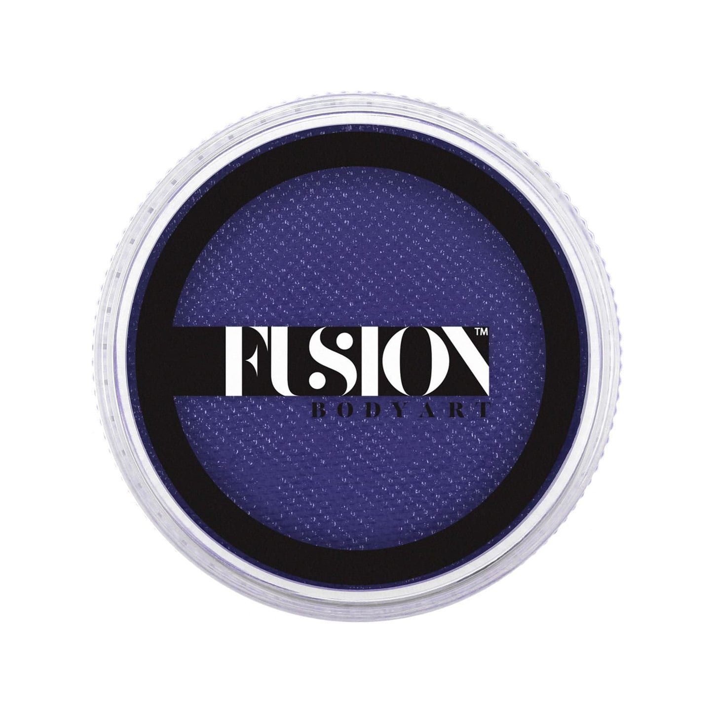 A 32g round container of Infinity Faces Fusion Prime Magic Dark Blue Face Paint with a clear lid features the Fusion logo in black and white on top.