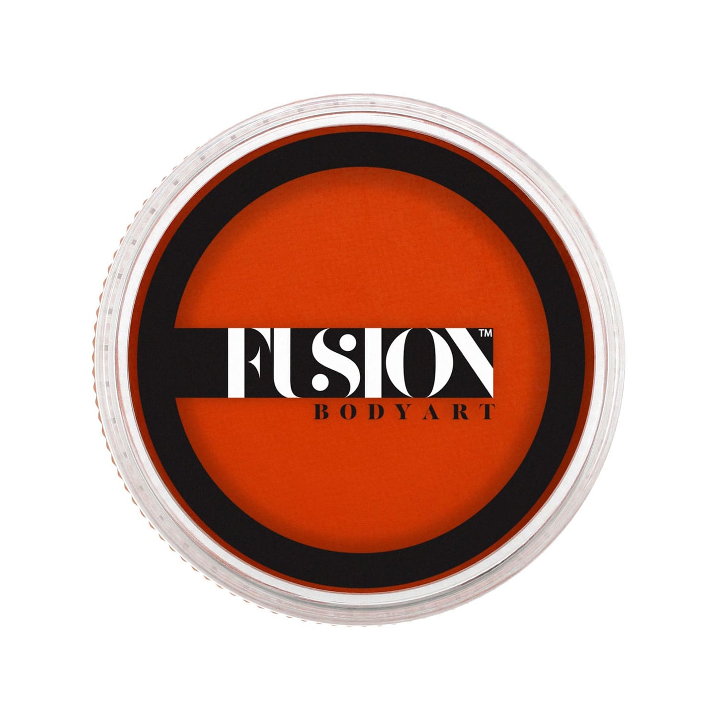 A round container of orange body paint labeled aqua Fusion - Prime Orange Zest by Infinity Faces. The clear lid features a bold black circular design with white text.
