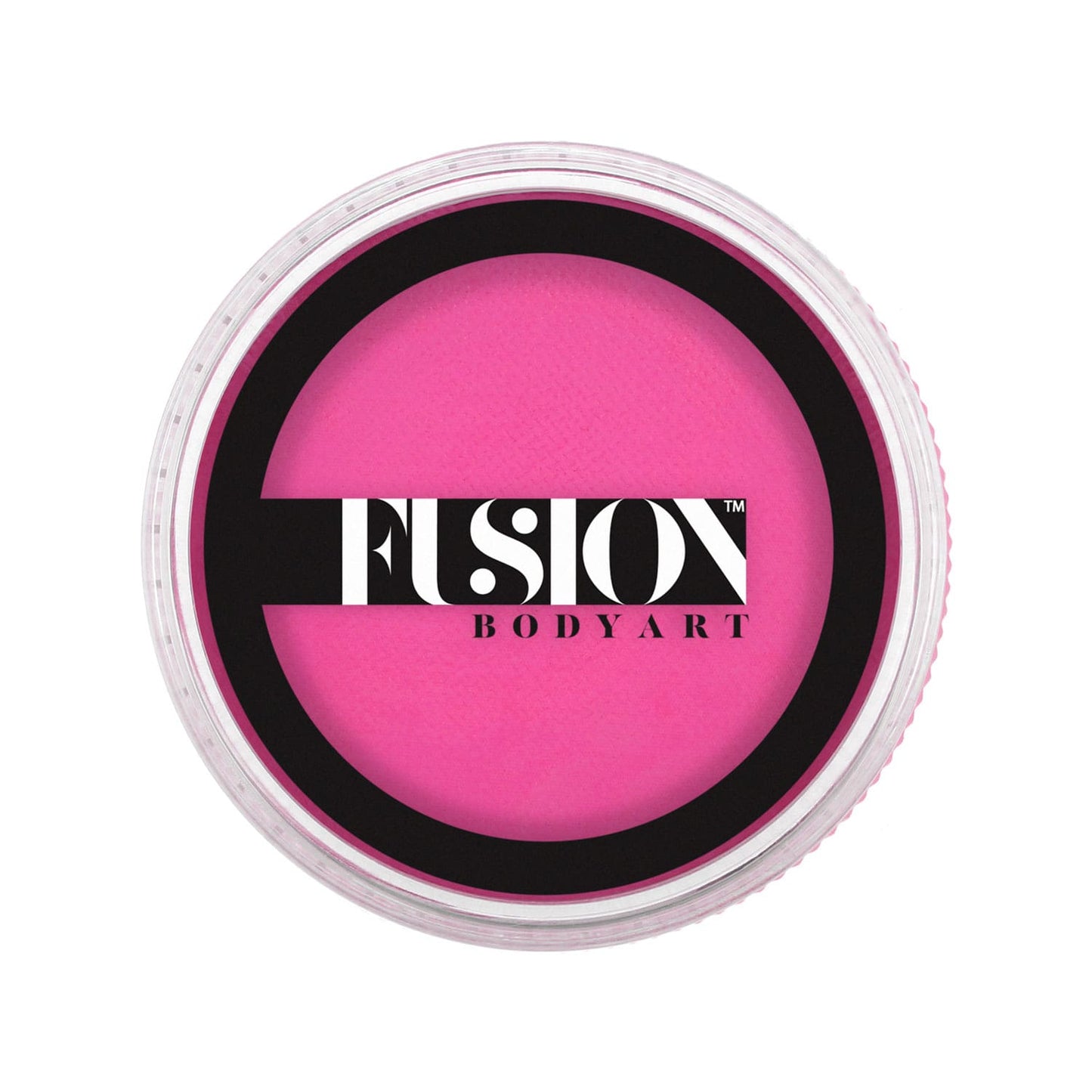 A round container of Infinity Faces Face Paint & Body Paint aqua Fusion - Prime Pink Sorbet (32g) features a bright pink color. The clear lid displays the brand logo in bold black and white text.
