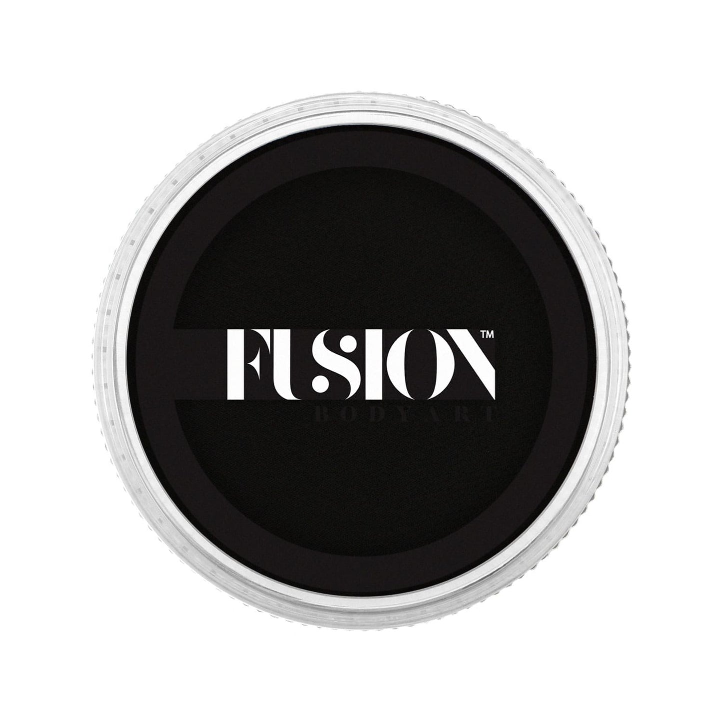 Top view of a 32g circular black face paint container with a clear lid, labeled Infinity Faces featuring the word Fusion in bold white uppercase letters across the center.