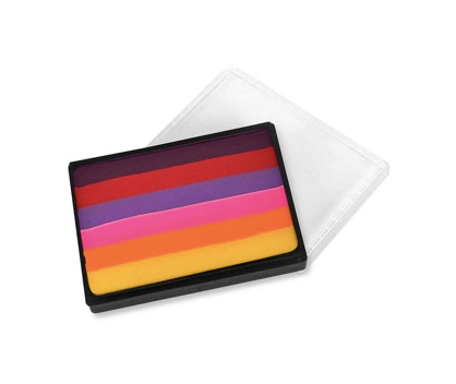 The Infinityfaces Face Paint & Body Paint Aqua - Sunset Prisma Split Cake by Mehron (50g) features a rectangular palette with horizontal stripes in red, purple, pink, orange, and yellow shades, shown with a partially open clear plastic lid.