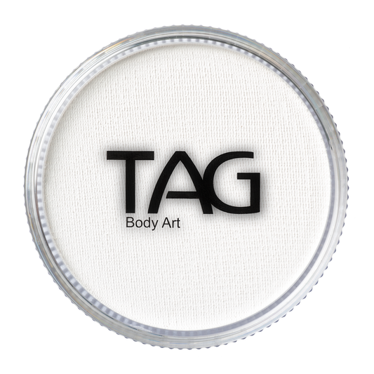 A round container of Infinityfaces Face Paint & Body Paint Aqua Tag - Strong White (90g) features a clear lid with the brand name printed on it.
