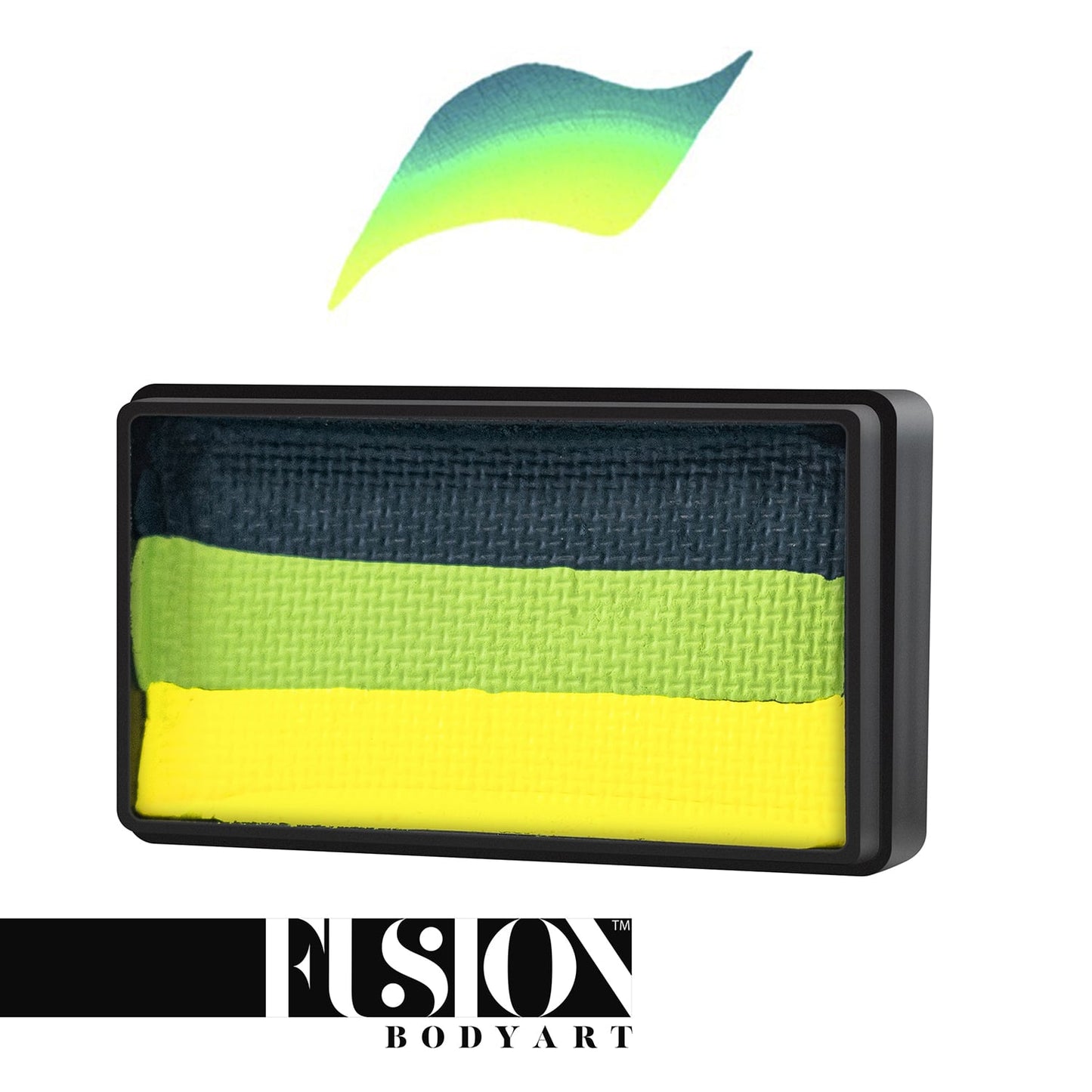 A rectangular container featuring dark blue, bright green, and yellow horizontal stripes. A brush stroke blends these colors above with the Infinityfaces brand logo at the bottom. The product is Face Paint & Body Paint Aqua Fusion - Amazon (One Stroke) (30gr).