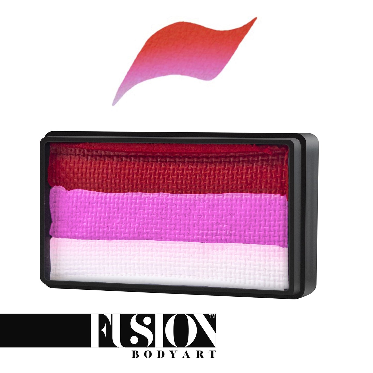 The Face Paint & Body Paint Aqua Fusion - Bold Rose (One Stroke) (30gr) from Infinityfaces features a rectangular cake with horizontal stripes in red, pink, and white. A swatch above illustrates the gradient effect of these colors.