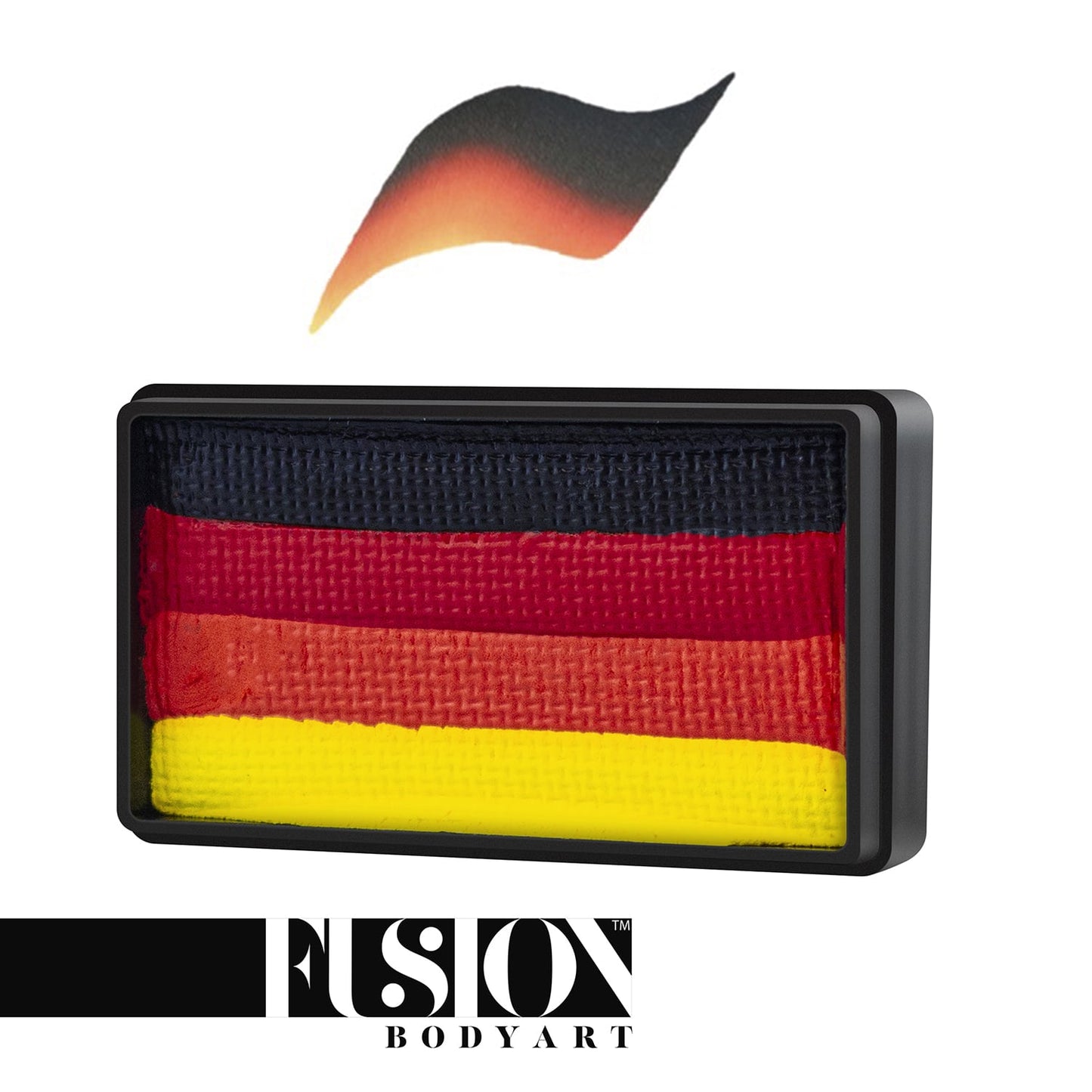 A paint palette features horizontal bands of black, red, and yellow like the German flag. Above is a blended swipe of these colors. At the bottom it reads Infinityfaces. Product: Face Paint & Body Paint Aqua Fusion - Fire Flames (One Stroke) (30gr).