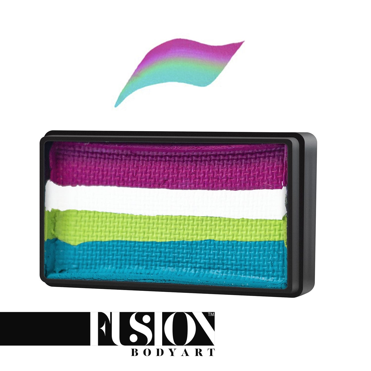 A container of Face Paint & Body Paint Aqua Fusion - Flower Fields (One Stroke) (30gr) by Infinityfaces features fuchsia, white, lime green, and aqua blue stripes. Above it, blended colors form a brushstroke with the logo displayed below.