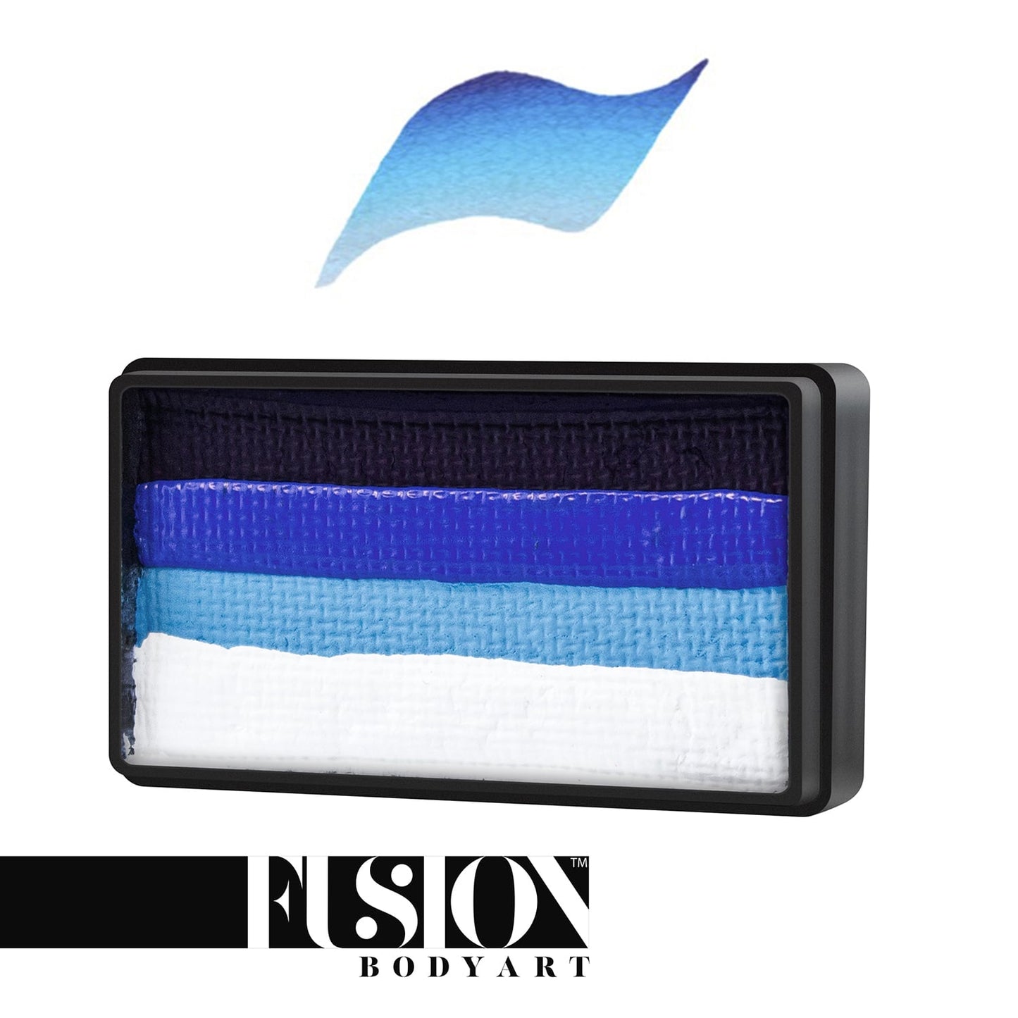 The Infinityfaces Face Paint & Body Paint Aqua Fusion - Frozen Queen (One Stroke, 30gr) is a black rectangular container with face paint in black, navy blue, light blue, and white. A gradient brushstroke appears above it with Fusion Body Art text below.