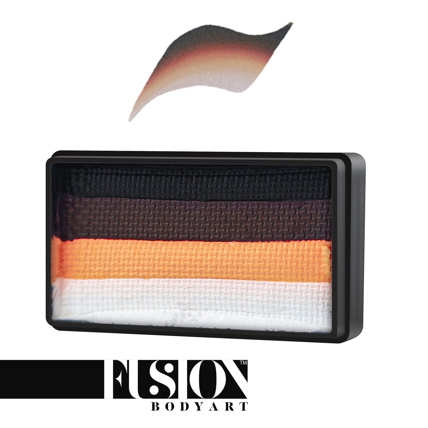 A rectangular container with layered face paint in black, orange, pink, and white creates a gradient effect with a curved stroke sample above. Text at the bottom reads Infinityfaces - Face Paint & Body Paint Aqua Fusion - Furry Critters (One Stroke) (30gr).