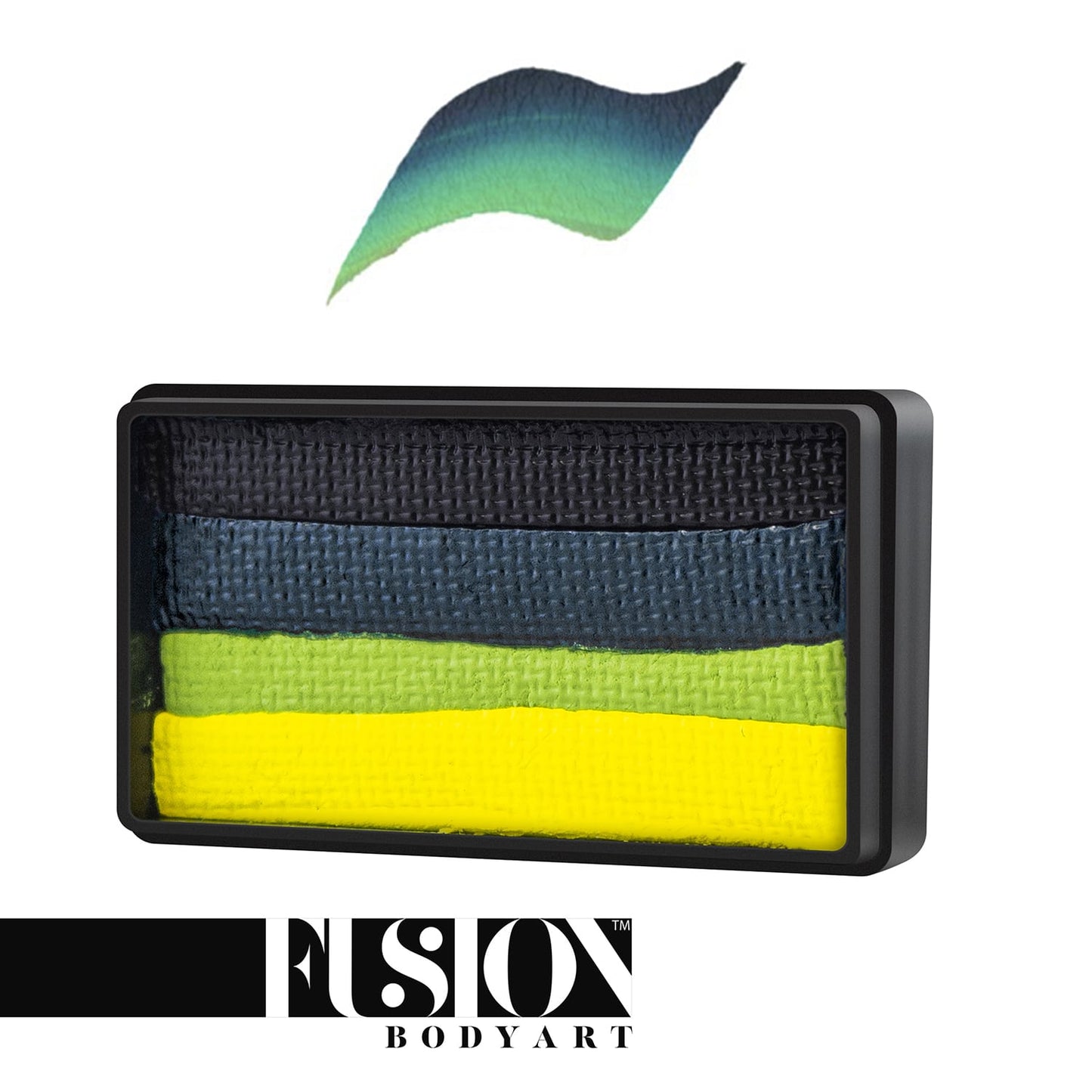 The 30g Infinityfaces Fusion Body Art cake, named Jungle Snake, features horizontal stripes in black, green, blue, and yellow. A swatch above demonstrates color blending, and the logo is positioned bottom left.