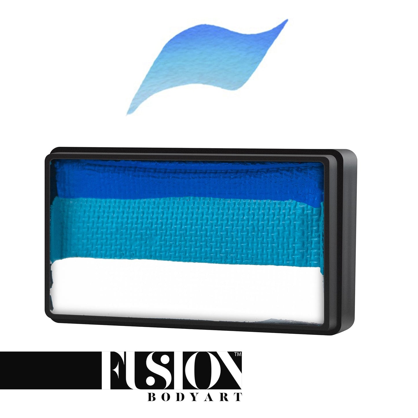 The rectangular container of Infinityfaces Face Paint & Body Paint Aqua Fusion - Ocean Breeze (One Stroke) (30gr) displays horizontal stripes of dark blue, light blue, and white with a brushstroke blending the colors above. Fusion Body Art is written at the bottom.