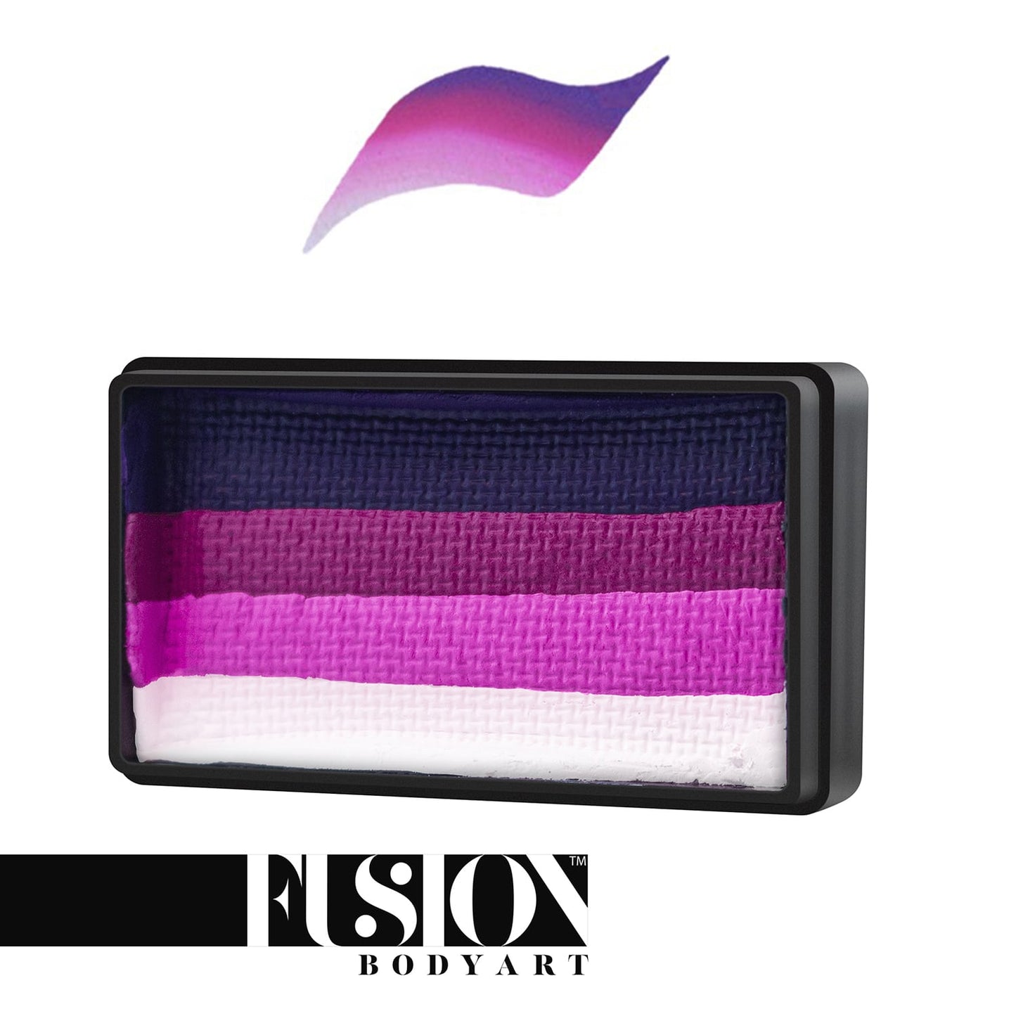 Rectangular split cake face paint with horizontal stripes of black, purple, pink, and white. Above it is a brush stroke blending the colors. The text Infinityfaces is at the bottom in a black and white design.