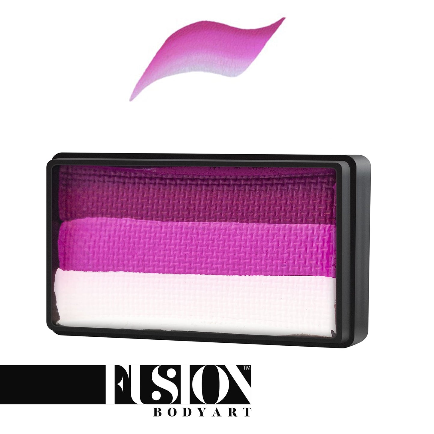 A rectangular palette of face paint featuring dark purple, pink, and white stripes, topped by a blended color stroke. The Infinityfaces brand is noted on the product called Face Paint & Body Paint Aqua Fusion - Rose Princess (One Stroke) (30gr).