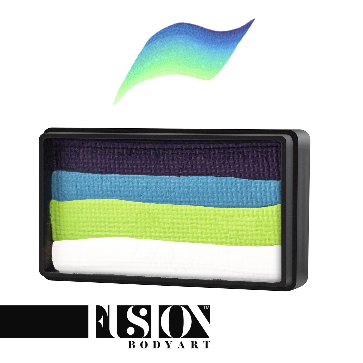 The Infinityfaces Face Paint & Body Paint Aqua Fusion - Sea Creatures (30gr) features a rectangular container with black, blue, lime green, and white stacked colors. An arc-shaped brushstroke sample of these blended colors appears above.