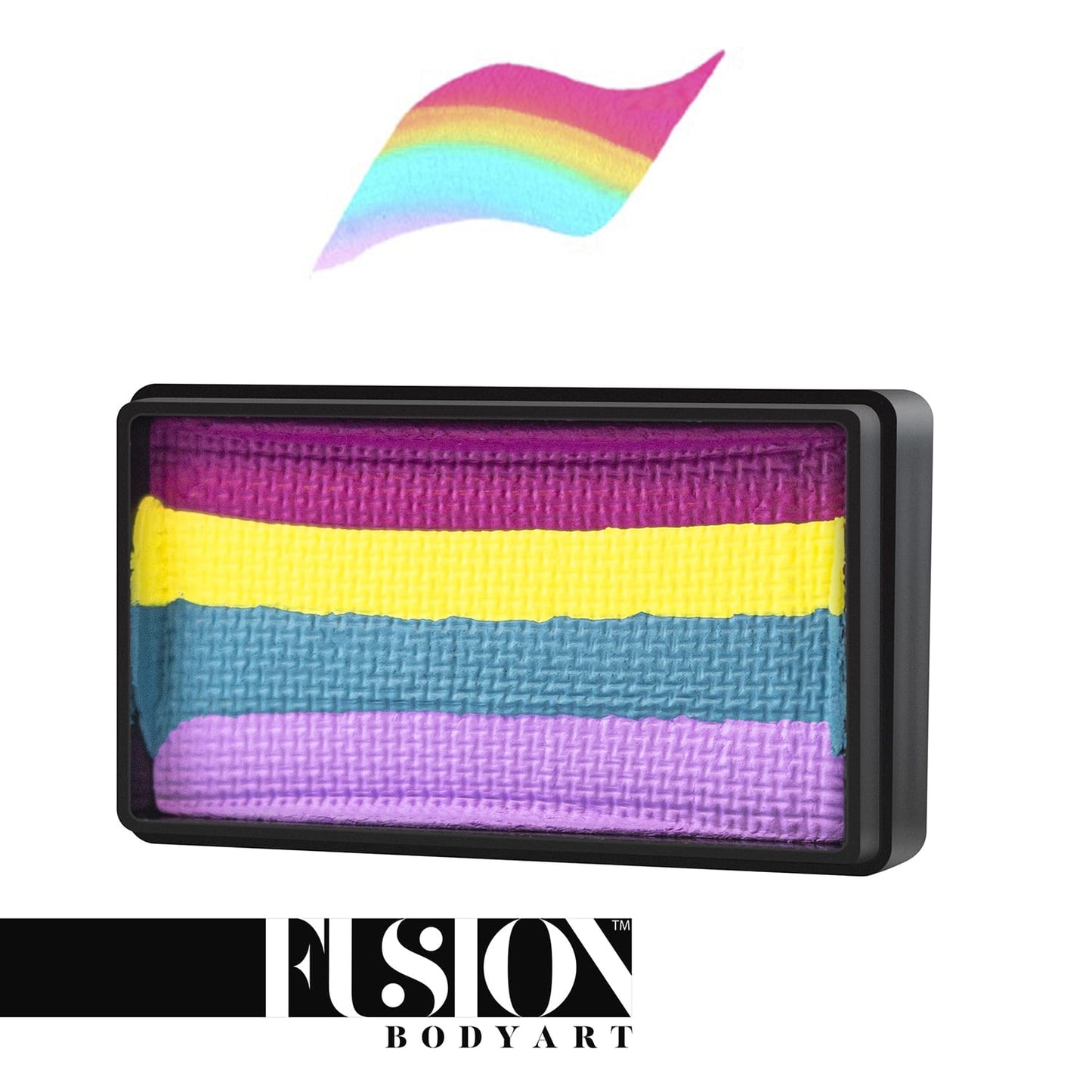 A rectangular face paint palette, named Face Paint & Body Paint Aqua Fusion - Spring Rainbow (One Stroke) (30gr), by Infinityfaces features yellow, blue, purple, and pink stripes. Above is a brushstroke with a matching gradient. The logo reads: Fusion Body Art.