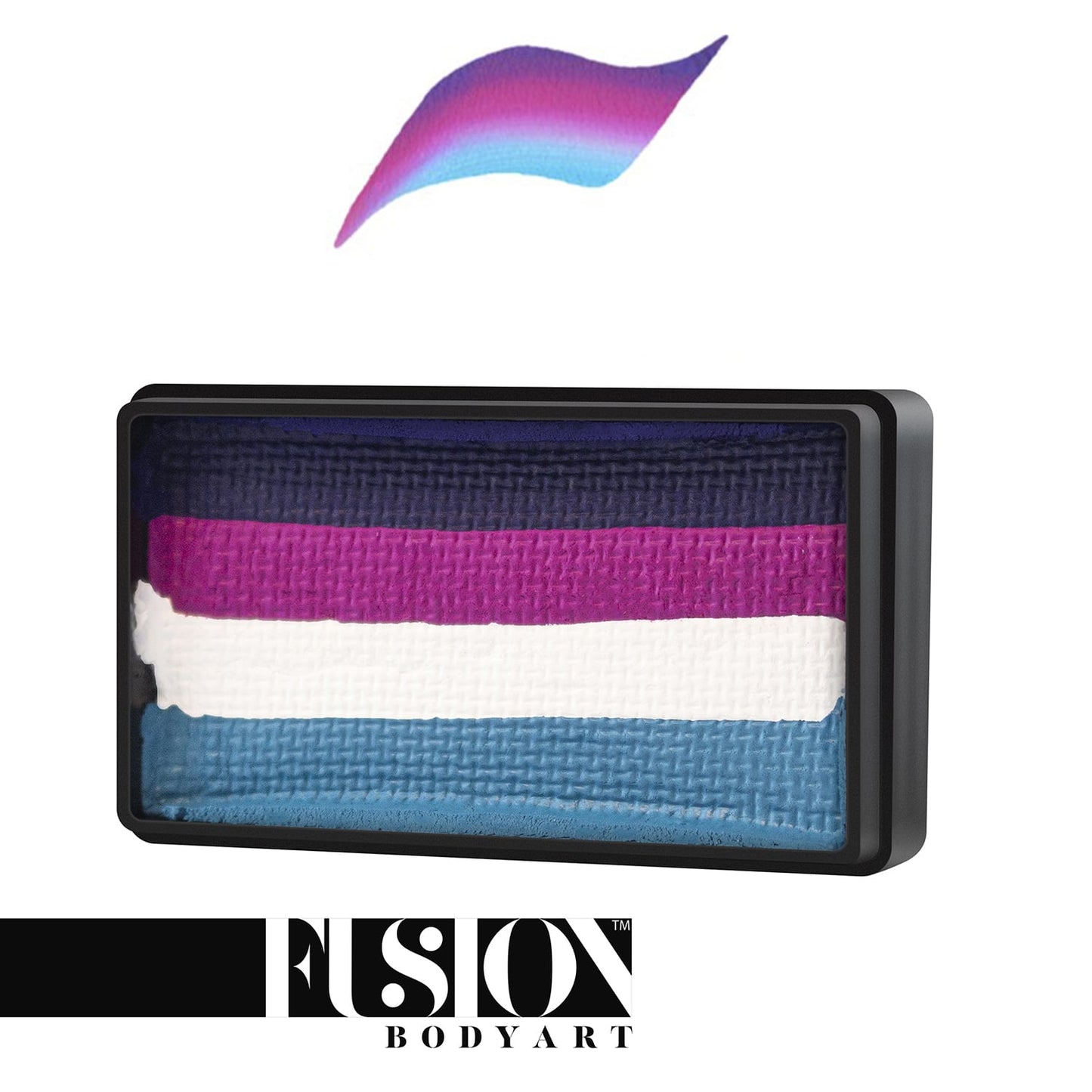 A rectangular container shows Face Paint & Body Paint Aqua Fusion - Wild Berry (One Stroke) (30gr) by Infinityfaces, featuring four face paint stripes in black, white, burgundy, and teal with a separate multicolored brushstroke blend of purple, pink, and blue above it.