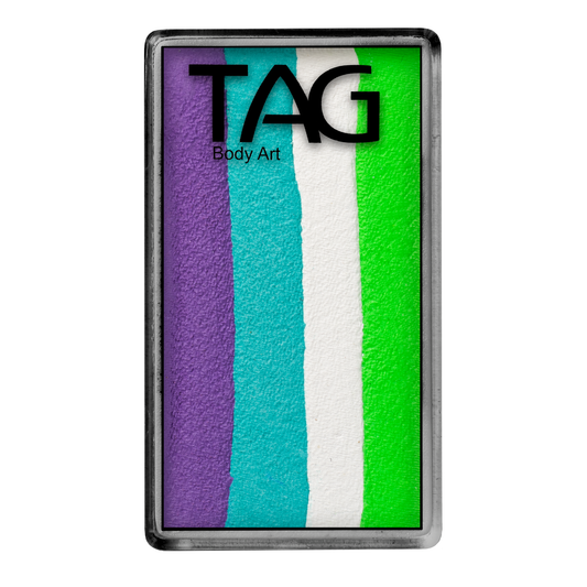 The Infinityfaces Face Paint & Body Paint Aqua - Sea Dragon One Stroke (30g) features five vertical stripes in purple, teal, white, green, and light green, with TAG Body Art in black on the rectangular case.