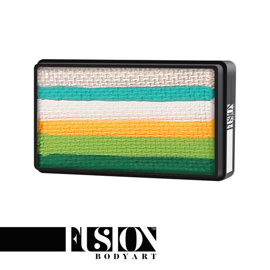 A rectangular Infinityfaces Face Paint & Body Paint Aqua Fusion - Shamrock Candy (One Stroke) (30g) cake with horizontal stripes in white, teal, yellow, green, and dark green; the Infinityfaces logo is displayed below on a black and white banner.