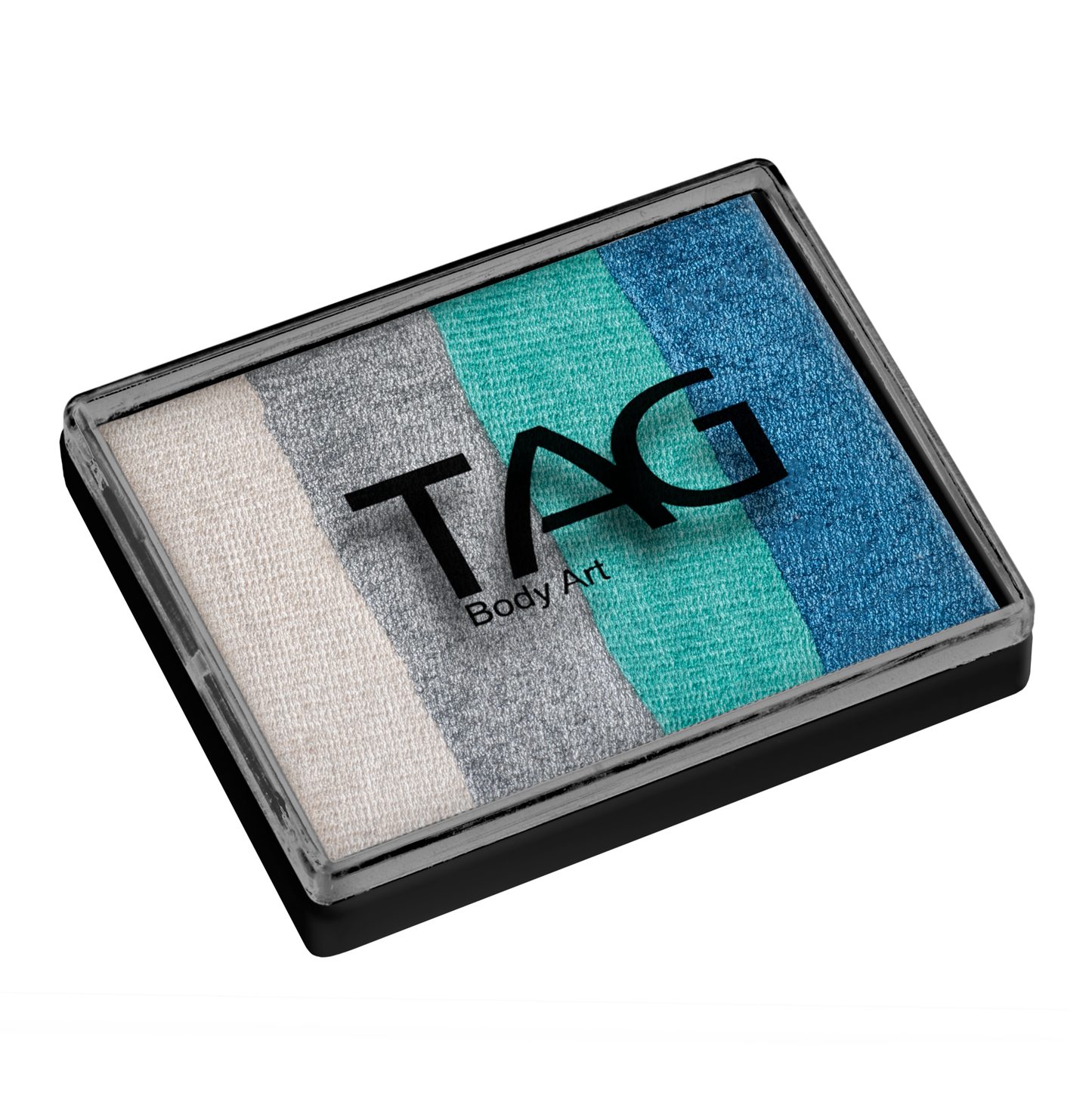 The Infinityfaces Face Paint & Body Paint Aqua - Tiger Split Cake (50g) features white, gray, teal, and blue stripes in a rectangular black case with a clear lid—ideal for creating vibrant face art.