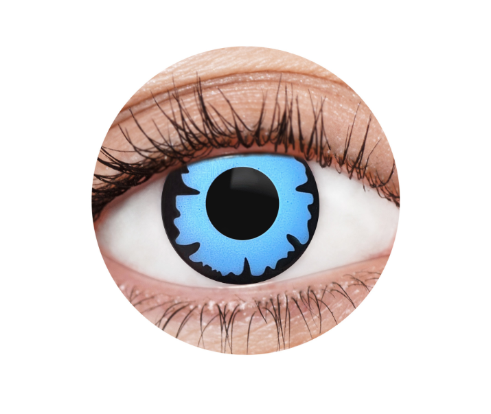 Close-up of an eye wearing Infinityfaces Special Effects Mehron EyeFix - Wizzard contact lenses, showcasing vivid blue with a black pupil and symmetrical black spikes radiating outward; natural eyelashes and skin are visible around the lens.