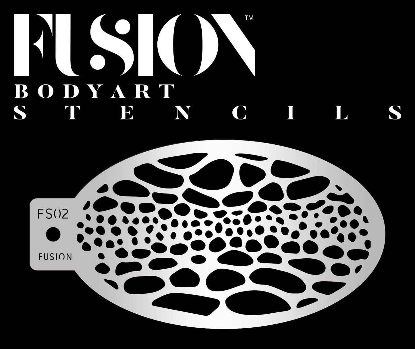 A silver oval stencil with irregular spots is labeled Spot Animal Print Fusion Stencil Body Art by Infinity Faces on a black background, with FUSION BODYART STENCILS written above in bold white text.