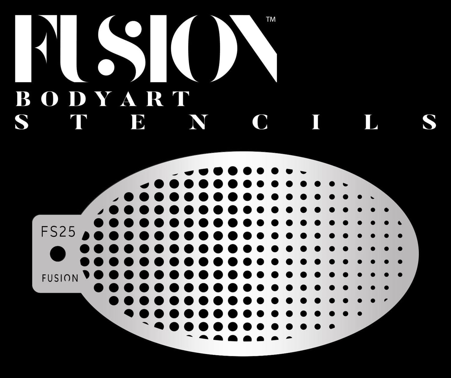 A metallic oval Sprinkle Small Dots Fusion Stencil by Infinity Faces features evenly spaced round holes, shown on a black background with bold white FUSION BODYART STENCILS lettering above.
