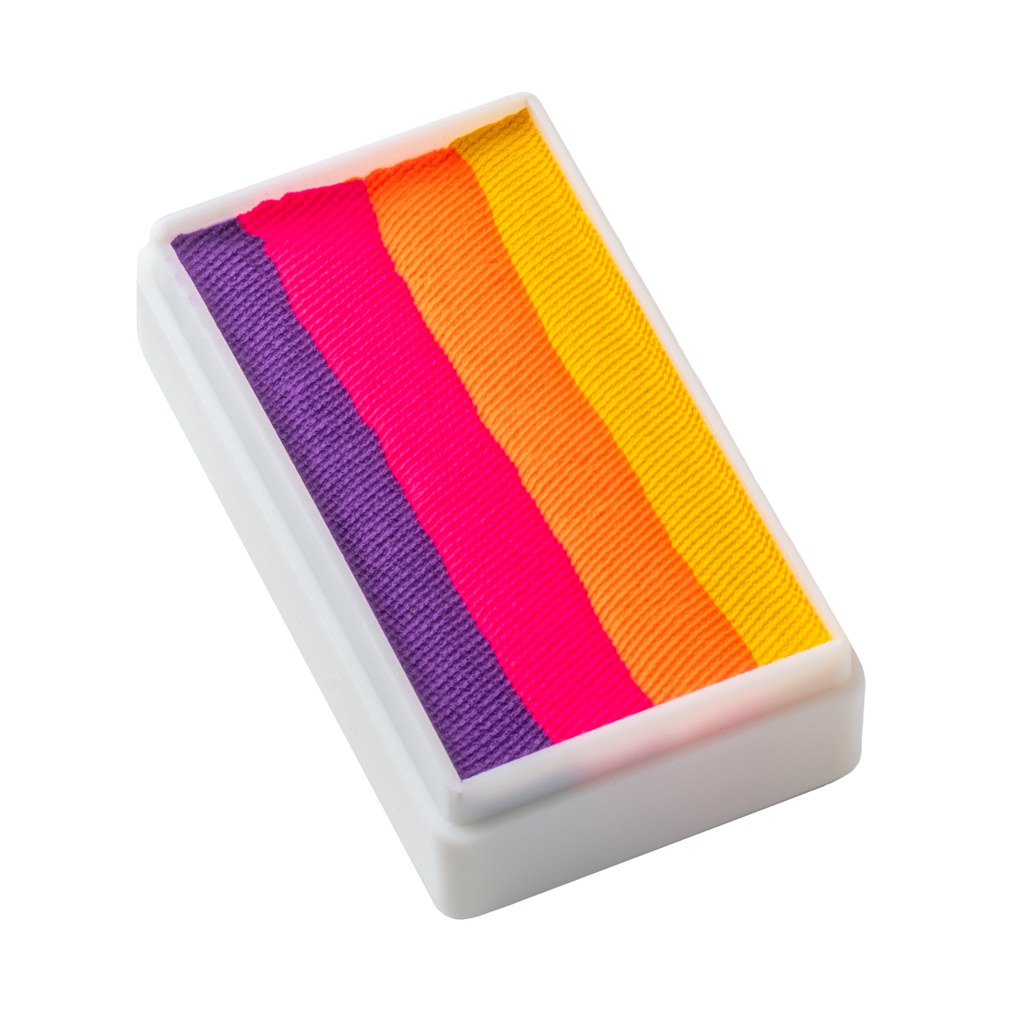 Infinityfaces Face Paint & Body Paint Aqua Tag - Summer Nights (One Stroke) (30g) features five vibrant stripe-arranged colors—purple, pink, red, orange, and yellow—in a rectangular palette with a white plastic case.