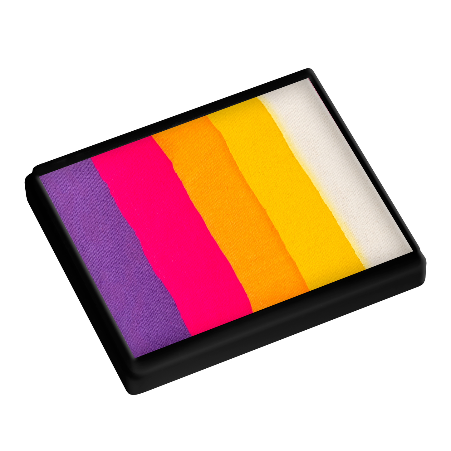 The Infinityfaces Face Paint & Body Paint Aqua - Sunset Split Cake (50g) by Tag features five horizontal stripes—purple, pink, orange, yellow, and white—in a black tray. This vibrant palette is shown on a white background.