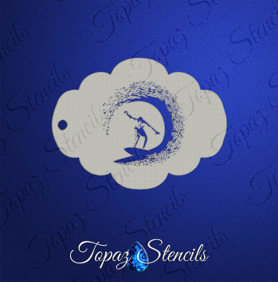 The Infinityfaces Face- & Body Stencil - Surfer - Topaz features a rider on a wave inside a circular spray on a blue cloud tag. Ideal for airbrushing, this stencil offers easy handling. Topaz Stencils is displayed at the bottom.
