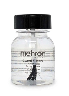 The product is a compact, transparent Infinity Faces bottle with a black cap labeled Special Effects Mehron - Sweat & Tears, containing clear liquid and a small applicator brush.