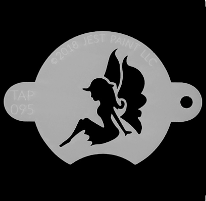 The Sitting Sweet Fairy TAP Stencil Body Art by Infinity Faces is a round gray stencil with a seated fairy silhouette and engraved text TAP 095 and ©2018 JEST PAINT LLC, shown against a black background.