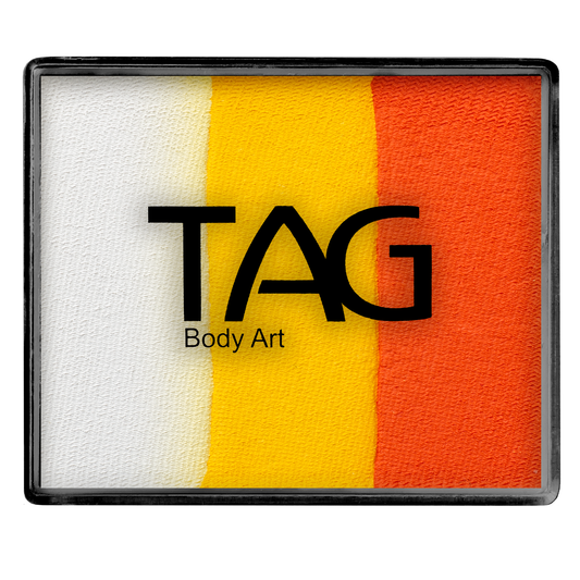 Infinityfaces Face Paint & Body Paint Aqua - Orange & Yellow Split Cake (50g) features three bold vertical stripes—white, yellow, and orange—in a rectangular palette. The Infinityfaces logo appears in black across the center.