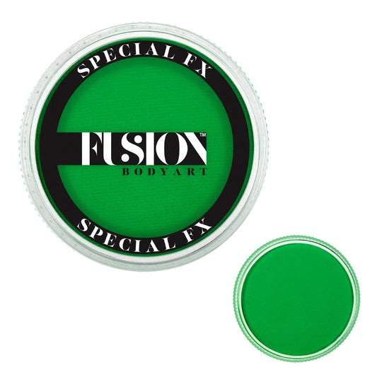 A round 32g container of Infinity Faces Fusion UV Neon Green face and body paint is shown, highlighted by bright green makeup with a black and white label. Next to it, a smaller circular container of green paint is displayed.