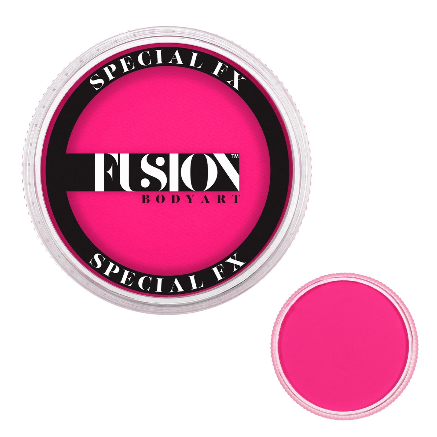An open round container of Infinity Faces Face Paint & Body Paint aqua Fusion in UV Neon Magenta (32g) reveals its vibrant pink pigment, accompanied by a smaller closed container.
