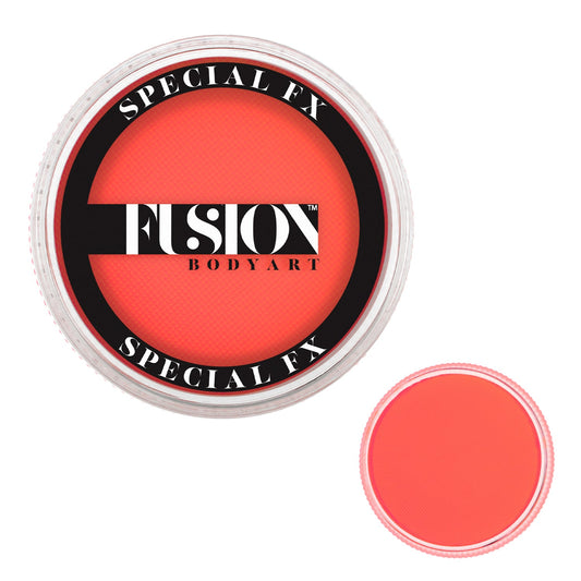 An open container of Infinity Faces aqua Fusion Face & Body Paint in UV Neon Orange (32g) shows vivid orange-red color labeled Special FX. A smaller image highlights the texture up close.