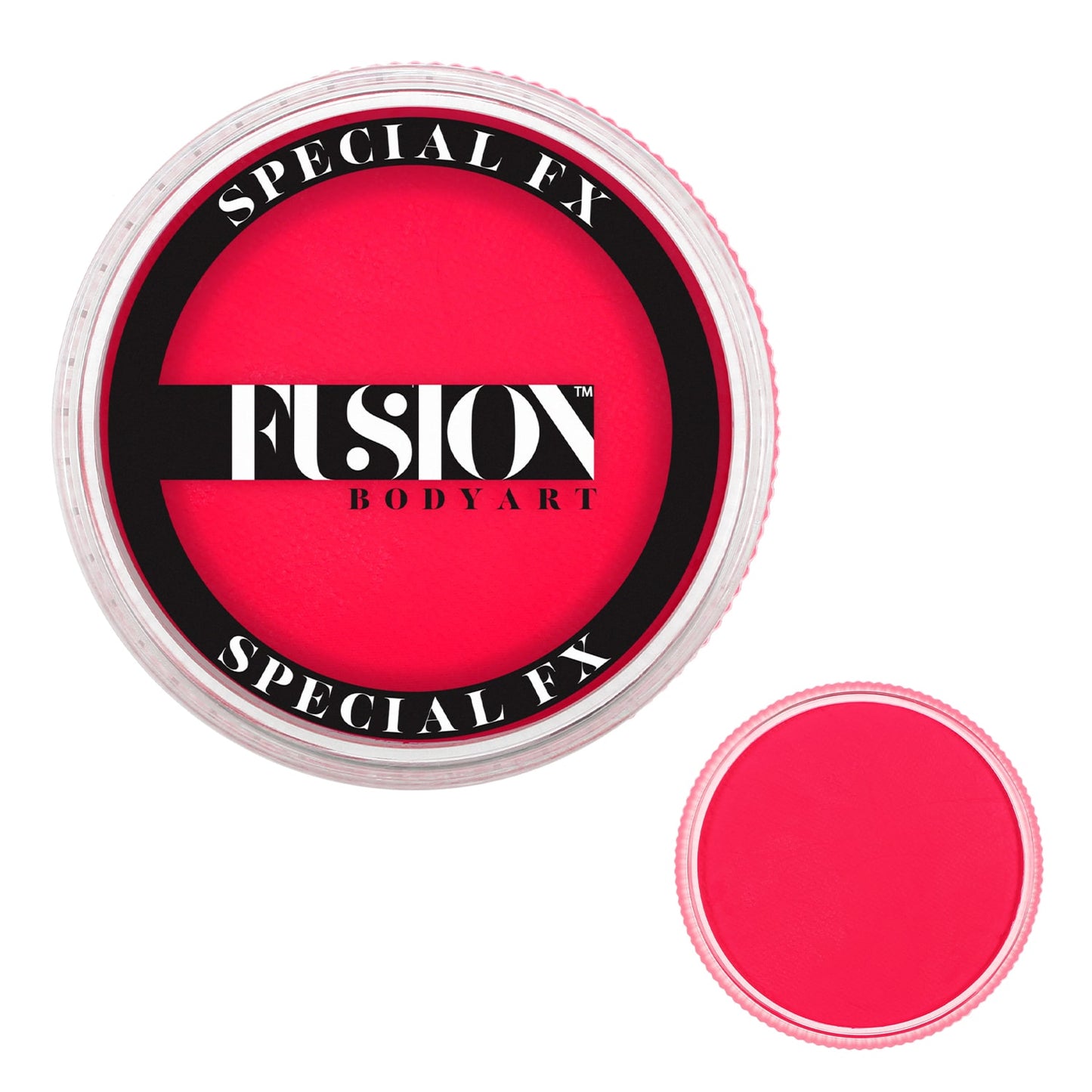 The circular container of Infinity Faces Fusion Body Art Special FX face paint includes vibrant UV Neon Pink paint, with the brands logo on the transparent lid. Another view of the paints surface is shown below.