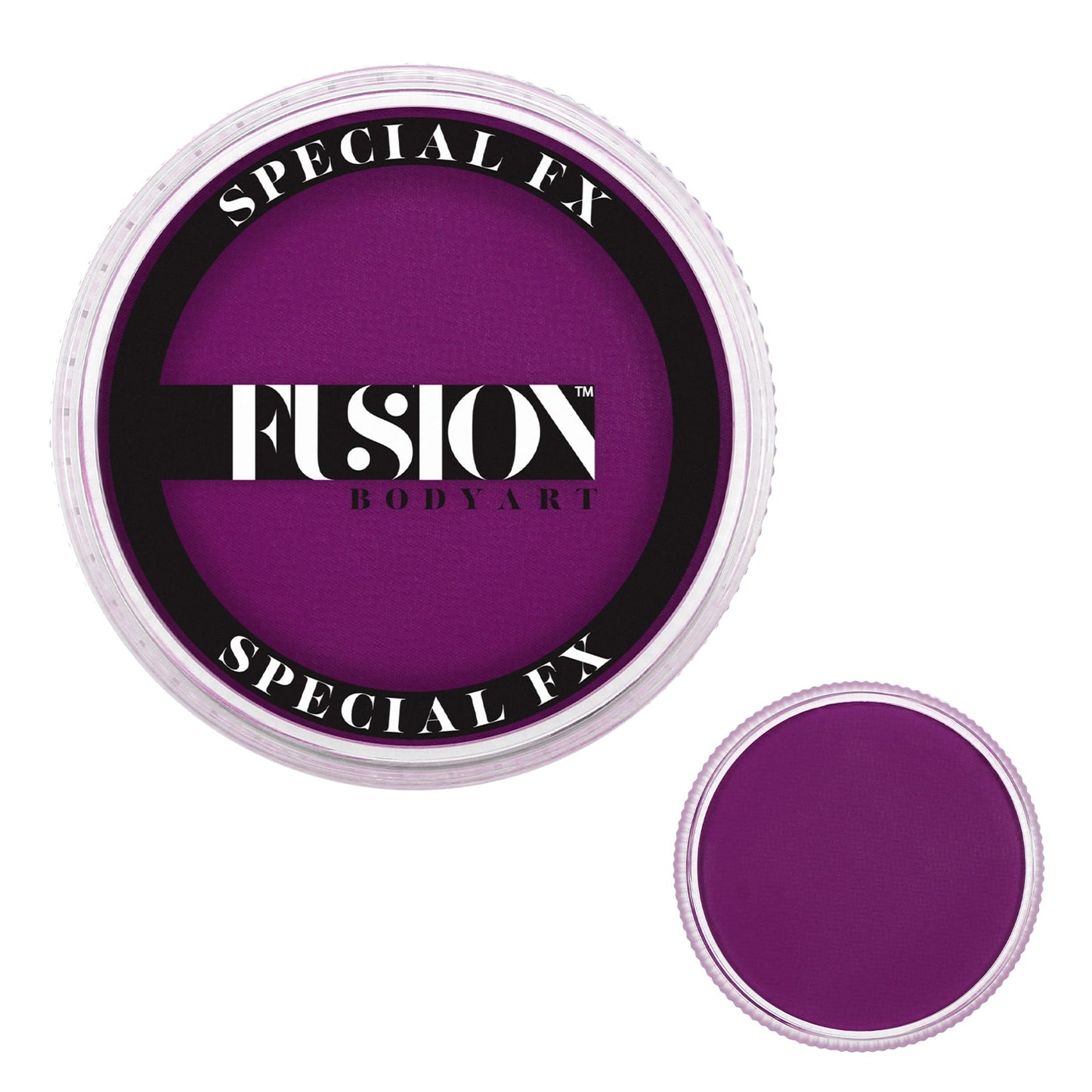 A circular container of Infinity Faces UV Neon Violet Face Paint & Body Paint Aqua (32g), with the logo Fusion Body Art Special FX on a black and white bordered lid, accompanied by a smaller image of the same vivid color.