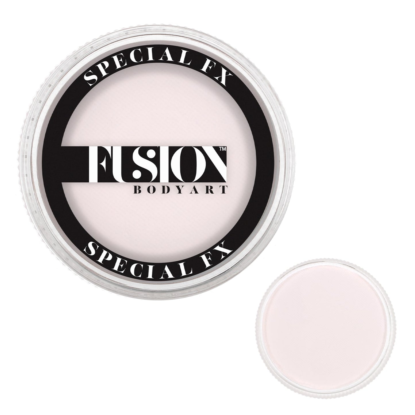 A round container of Infinity Faces Fusion special effects makeup with a black and white label marked Special FX, containing a pale pink shade, is shown open next to its lid.