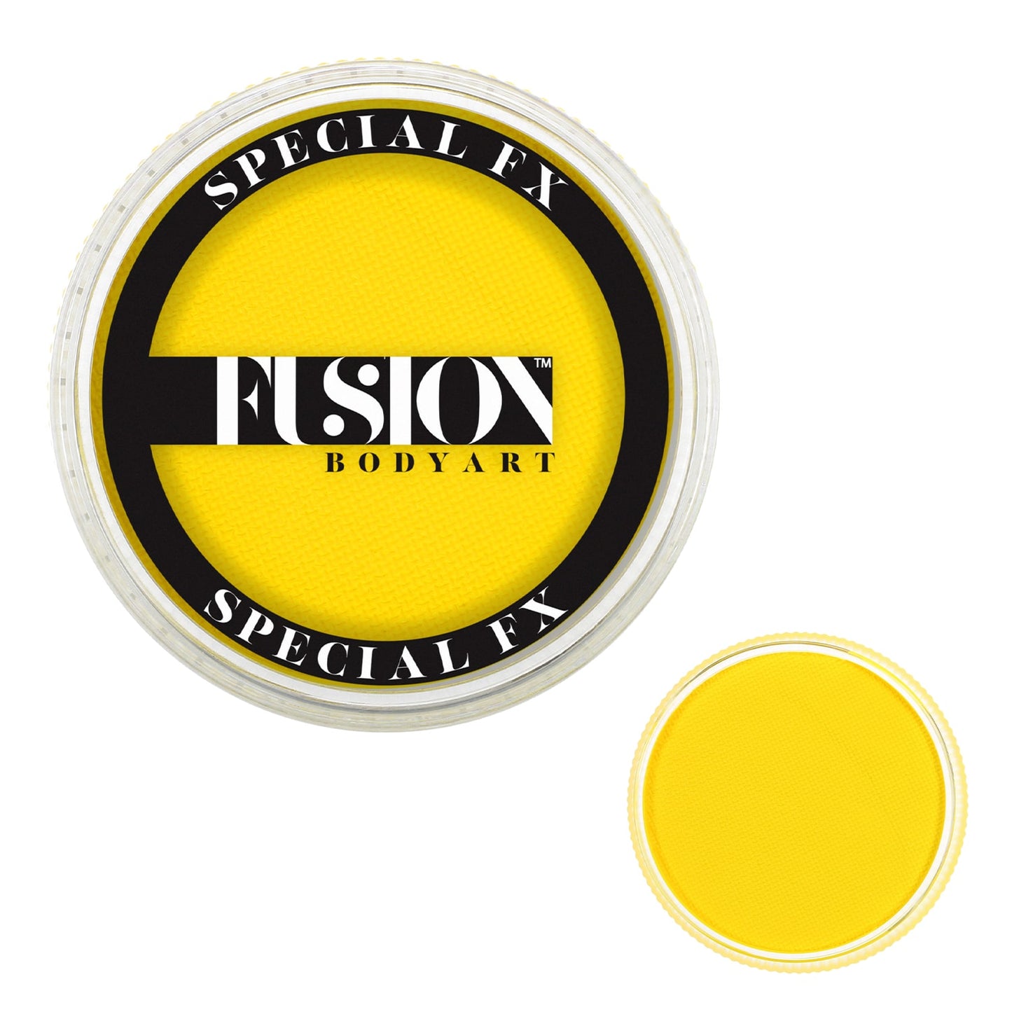 An open round container of Infinity Faces Face Paint & Body Paint aqua Fusion in UV Neon Yellow (32g) showcases its vibrant color. It features a black lid with white text around the edge.