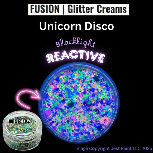 A 10g container of Infinity Faces Glitter Cream Fusion - Unicorn Disco UV features colorful, blacklight-reactive glitter. A close-up highlights the vivid glitter texture and colors.
